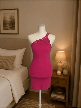 Self-Portrait Fuchsia One-Shoulder Crochet Knit Dress